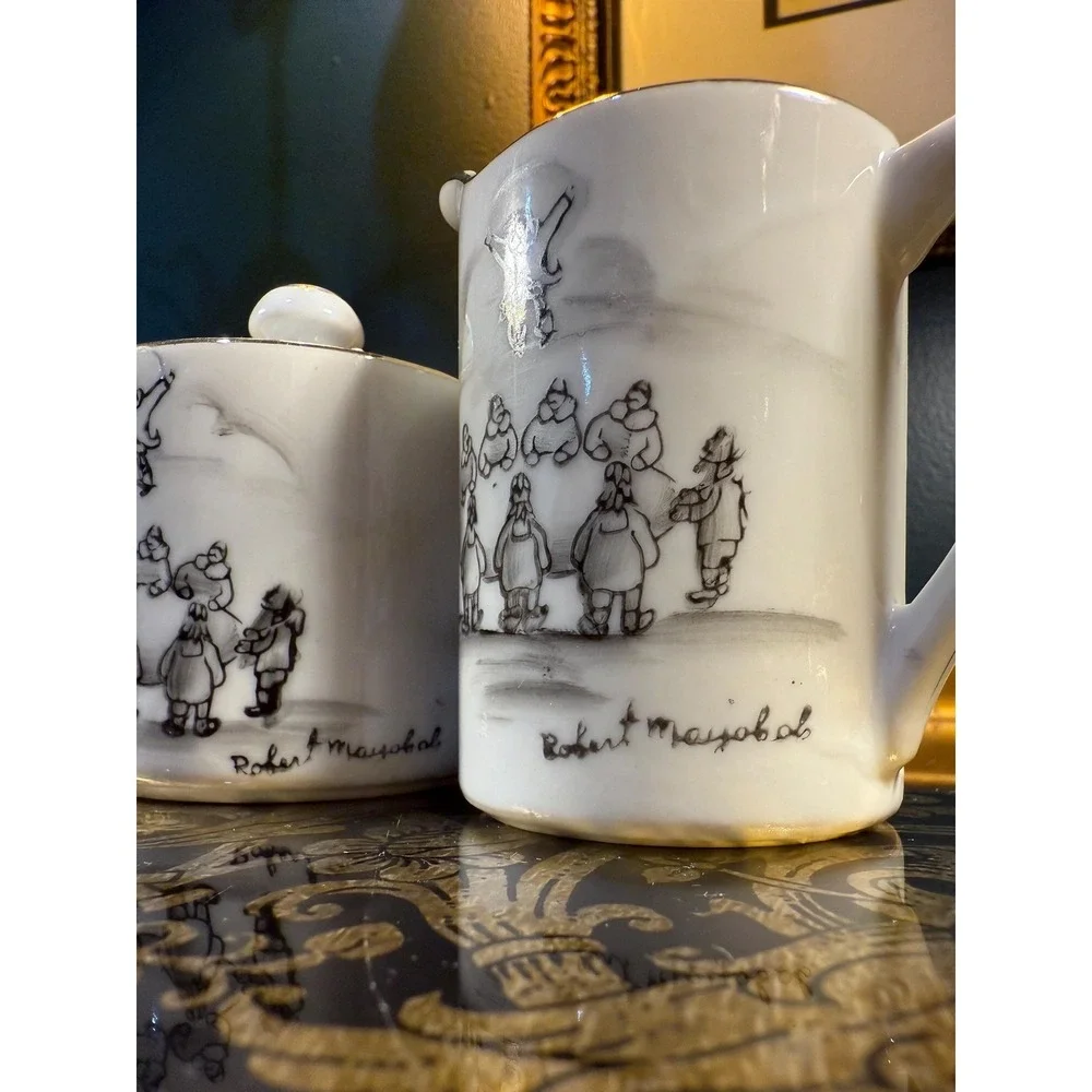 Vintage Robert Mayokok Cream and Sugar Set: Inuit‎ Art Porcelain, Made in Japan